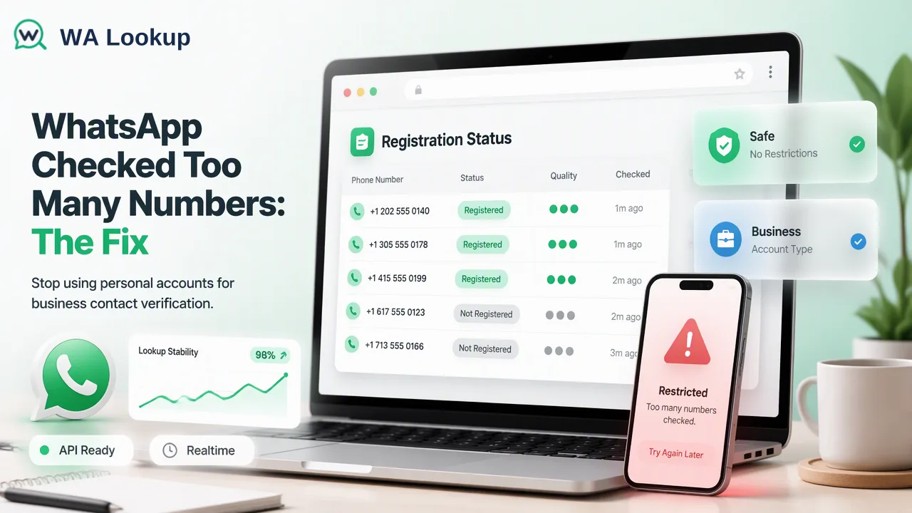 WA Lookup workflow illustration for WhatsApp \"Checked Too Many Numbers\": Why It Happens and What Teams Use Instead